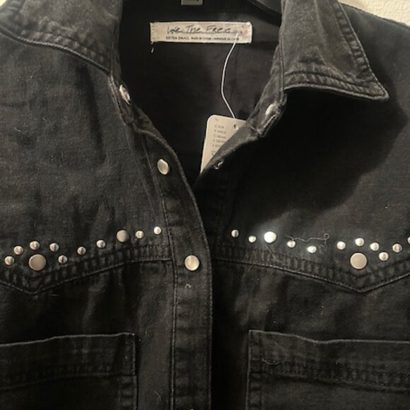 Free People We The Free Sleek Black Denim Silver Studded Distressed Dress NEW - Picture 4 of 16